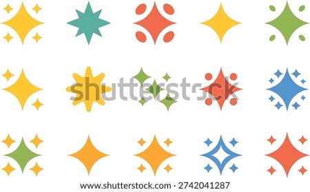 A cheerful array of distinct star and sparkle icons in bright colors, featuring unique patterns and charming clusters for visual appeal.