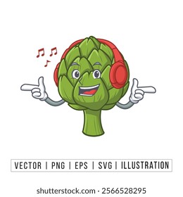 Cheerful Artichoke Cartoon Character Listening to Music with Headphones - Fun and Playful Vector Illustration