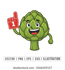 Cheerful Artichoke Mascot with Number One Foam Finger - Fun and Playful Cartoon Illustration