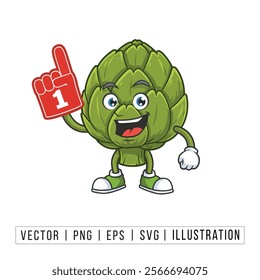 Cheerful Artichoke Mascot with Number One Foam Finger - Fun and Playful Cartoon Illustration