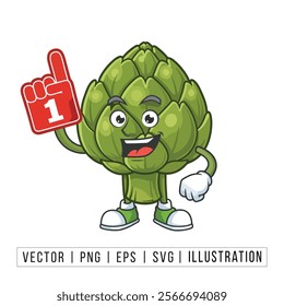 Cheerful Artichoke Mascot with Number One Foam Finger - Fun and Playful Cartoon Illustration