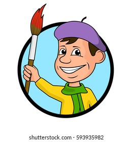 Cheerful artist with a brush and paints a vector illustration.