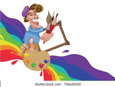 cheerful artist on a rainbow background