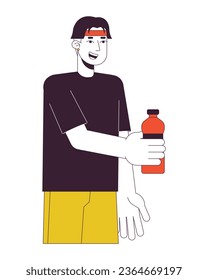 Cheerful asian boy with bottle flat line color vector character. Holding drink, Volunteering. Editable outline full body person on white. Simple cartoon spot illustration for web graphic design