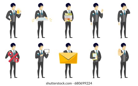 Cheerful asian bridegroom drinking beer. Full length of smiling bridegroom with beer. Young happy bridegroom holding a mug of beer. Set of vector flat design illustrations isolated on white background