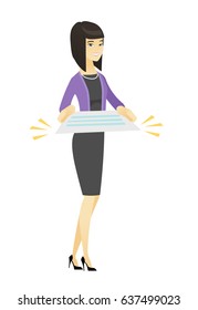 Cheerful asian business woman holding a contract. Full length of business woman with contract. Young business woman holding a contract. Vector flat design illustration isolated on white background.