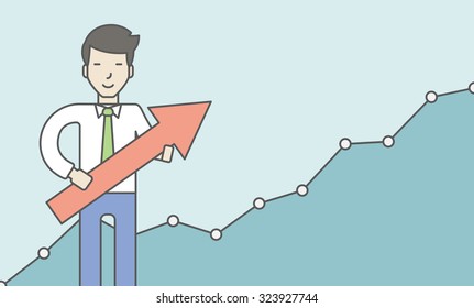 Cheerful asian businessman holding arrow on the growth graph background. Business growth concept. Vector line design illustration. Horizontal layout with a text space.