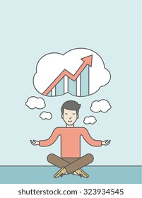 Cheerful asian businessman sitting on the floor and thinking about the growth graph. Successful business concept. Vector line design illustration. Vertical layout with a text space.