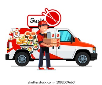 Cheerful Asian courier man delivering takeaway sushi and holding boxes with food. Delivery boy truck with company signage. Sushi delivery concept. Flat vector illustration isolated on white background