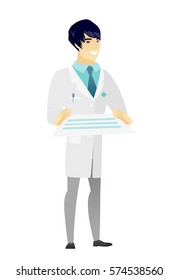 Cheerful asian doctor in medical gown holding a contract. Full length of smiling doctor with contract. Young doctor holding a contract. Vector flat design illustration isolated on white background.