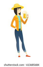 Cheerful asian farmer in sumer hat drinking beer. Full length of smiling farmer with glass of beer. Young happy farmer holding mug of beer. Vector flat design illustration isolated on white background