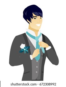 Cheerful asian groom has a final preparation before the wedding. Younghappy groom adjusting necktie. Vector flat design illustration isolated on white background.