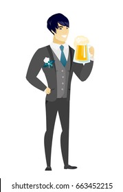 Cheerful asian groom in a wedding suit drinking beer. Full length of smiling groom with beer. Young happy groom holding a mug of beer. Vector flat design illustration isolated on white background.
