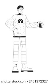 Cheerful asian man holding drink black and white 2D line cartoon character. Young male hanging out at party isolated vector outline person. Informal communication monochromatic flat spot illustration