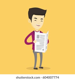 Cheerful asian man reading the newspaper. Young smiling man reading good news in newspaper. Man standing with newspaper in hands. Vector flat design illustration. Square layout.