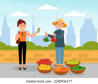 Cheerful Asian man in straw conical hat selling organic fresh fruit and vegetables. Outdoor food market flat vector