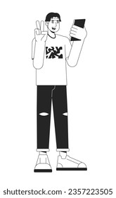 Cheerful asian man using gadget flat line black white vector character. Editable outline full body person. Taking picture on camera simple cartoon isolated spot illustration for web graphic design