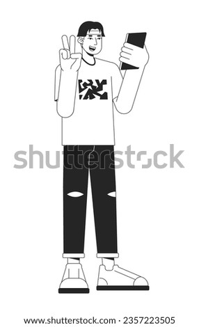 Cheerful asian man using gadget flat line black white vector character. Editable outline full body person. Taking picture on camera simple cartoon isolated spot illustration for web graphic design