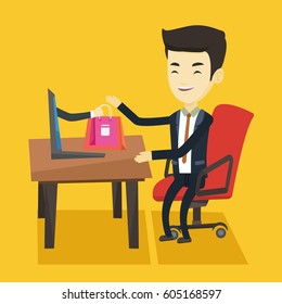 Cheerful asian man using laptop for online shopping. Young happy man shopping online at home. Smiling man making online order in virtual shop. Vector flat design illustration. Square layout.
