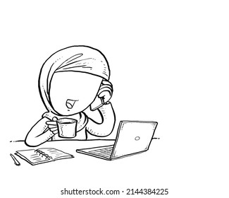 Cheerful asian muslim business woman sipping coffee on her desk while receiving call. Cartoon vector illustration design