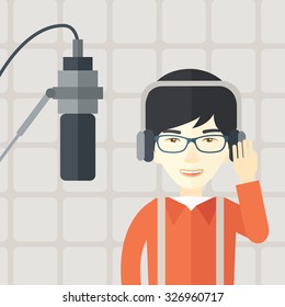 Cheerful Asian radio DJ wearing glasses with headphone and microphone vector flat design illustration. Square layout.