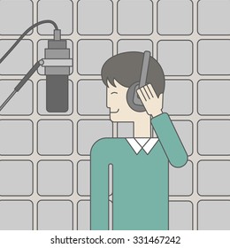 A cheerful asian singer in studio makes a record of his voice in microphone. Vector line design illustration. Square layout.