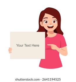 Cheerful Asian Woman Holding and Pointing to a Blank Sign with Space for Text, Smiling