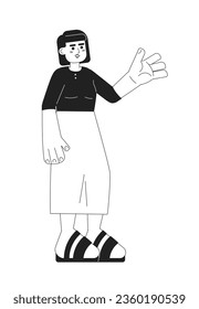 Cheerful asian woman monochromatic flat vector character. Editable full body person in midi skirt and bob hairstyle on white. Simple bw cartoon spot image for web graphic design