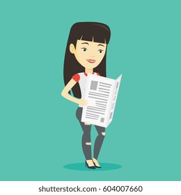 Cheerful asian woman reading the newspaper. Young smiling woman reading good news in newspaper. Woman standing with newspaper in hands. Vector flat design illustration. Square layout.