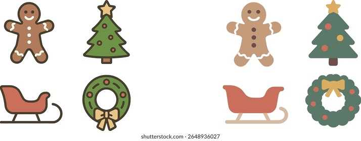 Uma variedade alegre de elementos temáticos de feriado, incluindo figuras de gengibre, árvores de Natal, trenós e coroas, perfeito para decorações festivas e celebrações.