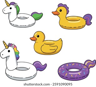 A cheerful assortment of inflatable pool toys, including a unicorn and duck, displayed in a fun and vibrant design.