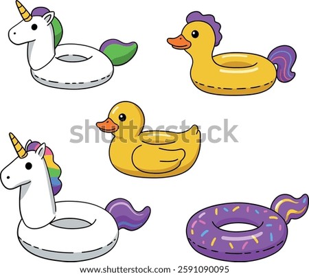 A cheerful assortment of inflatable pool toys, including a unicorn and duck, displayed in a fun and vibrant design.