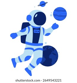 A cheerful astronaut character floats among planets and Earth, inviting a sense of imagination, discovery, and cosmic adventure.
