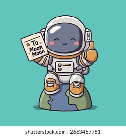 Un astronauta alegre dando un pulgar hacia arriba mientras sostiene una tarjeta que dice A la Luna de pie sobre una superficie lunar