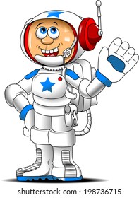 cheerful astronaut in a spacesuit waving white, vector