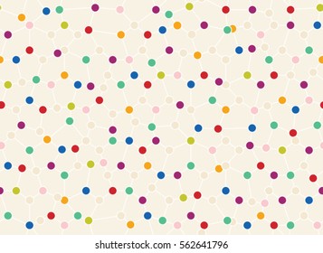 cheerful asymmetric irregular geometric abstract linear grid with colorful circles or dots in nodes, seamless pattern, structure, mathematical, astronomy, biology, chemistry, science, network theme