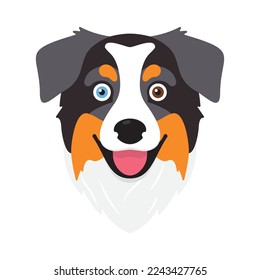 Alegre retrato aislado de perro pastor australiano. Ilustración plana de la cabeza de mascota vectorial.