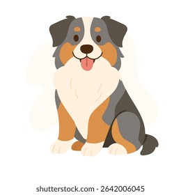 A cheerful Australian Shepherd sits with a bright smile, showcasing its unique coat colors and friendly demeanor in a playful environment.