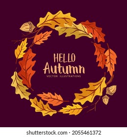 Cheerful autumn circle wreath made from golden and red coloured leaves. Vector illustration.