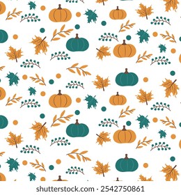  A cheerful autumn pattern with pumpkins and leaves. The vibrant colors and simple design make it perfect for various creative projects.