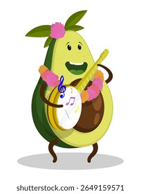 Cheerful avocado character bungee musician singer. Impromptu street concert. Cartoon vector isolated on white background