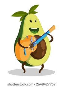 Alegre músico de abacate guitarrista toca e canta no violão. Concerto de rua Impromptu. Vetor de desenhos animados isolado em fundo branco