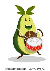 Animado personagem abacate baterista de rua da orquestra cerimonial alegremente bate um tambor em um concerto de carnaval. Vetor de desenhos animados isolado em fundo branco