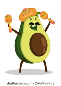Cheerful avocado character temperamental Mexican with a lush black moustache and a sombrero hat plays music on noisy maracas. Cartoon vector isolated on white background