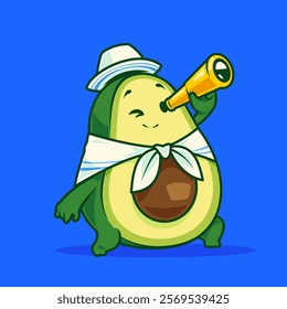 A cheerful avocado character wearing a white hat and scarf, looking through a telescope on a bright blue background.