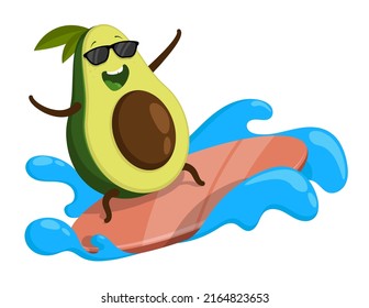 Alegres frutas aguacate surfean en olas a bordo. Alimentos deliciosos y saludables, verduras y frutas. Estilo de vida saludable. Vector de caricatura aislado en fondo blanco