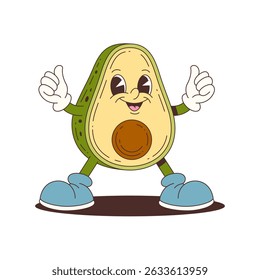 Cheerful avocado mascot character giving thumbs up, wearing blue shoes, perfect for food promotions, health campaigns, and playful branding materials. Vector illustration
