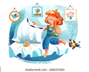 Cheerful awakened toothless smiling little girl found money gift for first lost tooth under pillow in bed. Happy magic morning. Teeth fairy present. Fairytale, fantasy, magic. Vector illustration