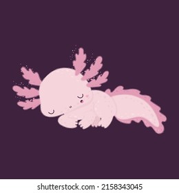 Cheerful baby axolotl salamander. Vector illustration of a cute sea fish. Cute little illustration of axolotl for kids, baby book, fairy tales, baby shower invitation, textile t-shirt, sticker.