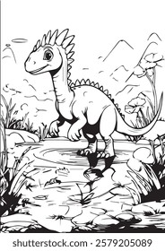  A cheerful baby dinosaur standing by a small pond in a lush prehistoric jungle. Ideal for children's coloring books, party themes, and educational materials.